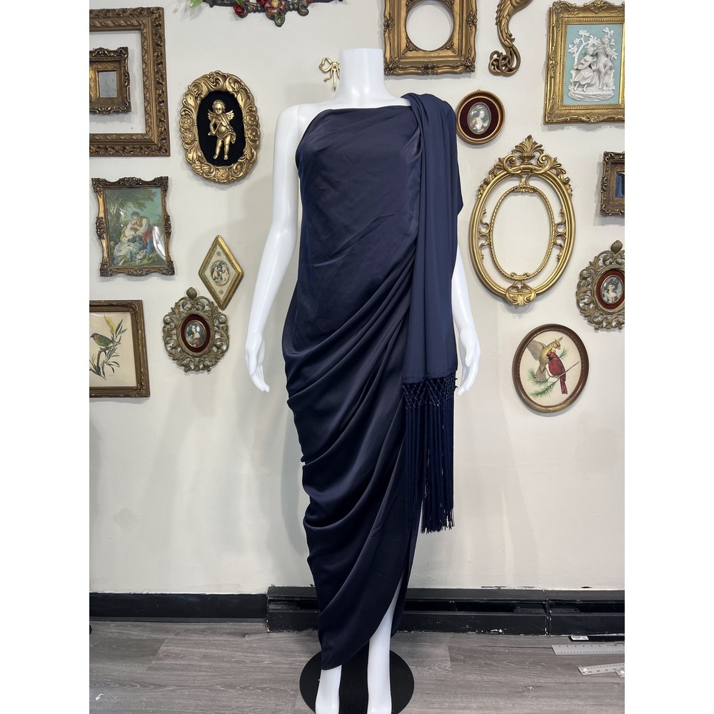 Arrange Navy Blue Draped Fringe Maxi Dress Size 12 (NWT)